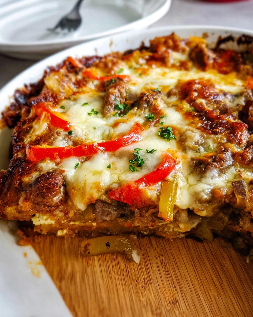 A slice of Low Carb Philly Cheesesteak Casserole with melted cheese, steak, peppers, and onions.