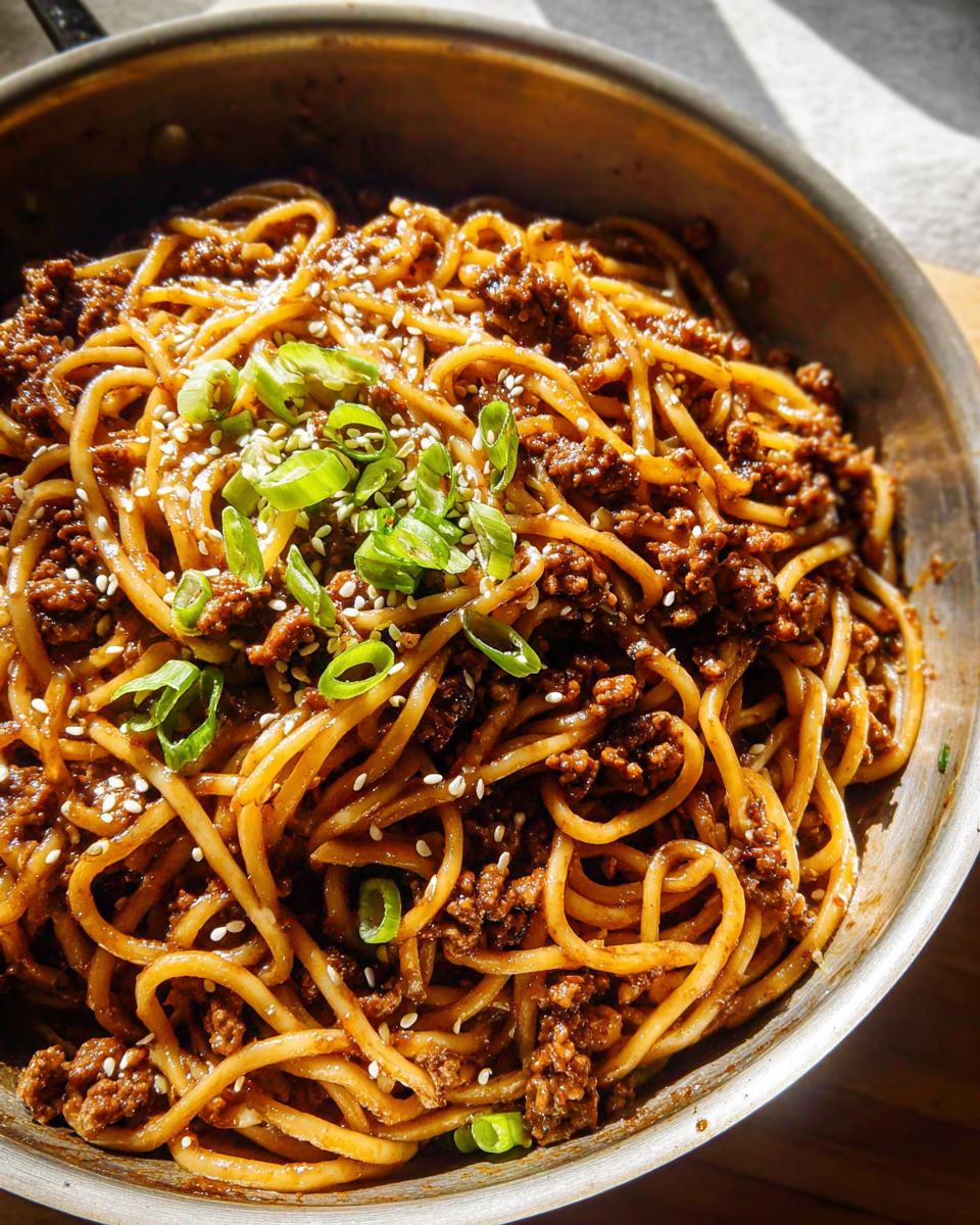 Close-up of Mongolian Ground Beef Noodles, garnished with sesame seeds and green onions.