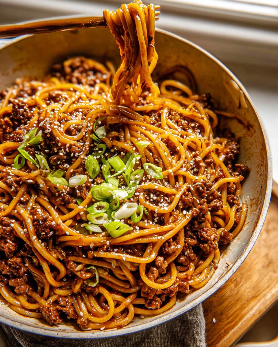 A close-up shot of a bowl of Mongolian Ground Beef Noodles, with noodles being lifted by chopsticks, garnished with sesame seeds and green onions.