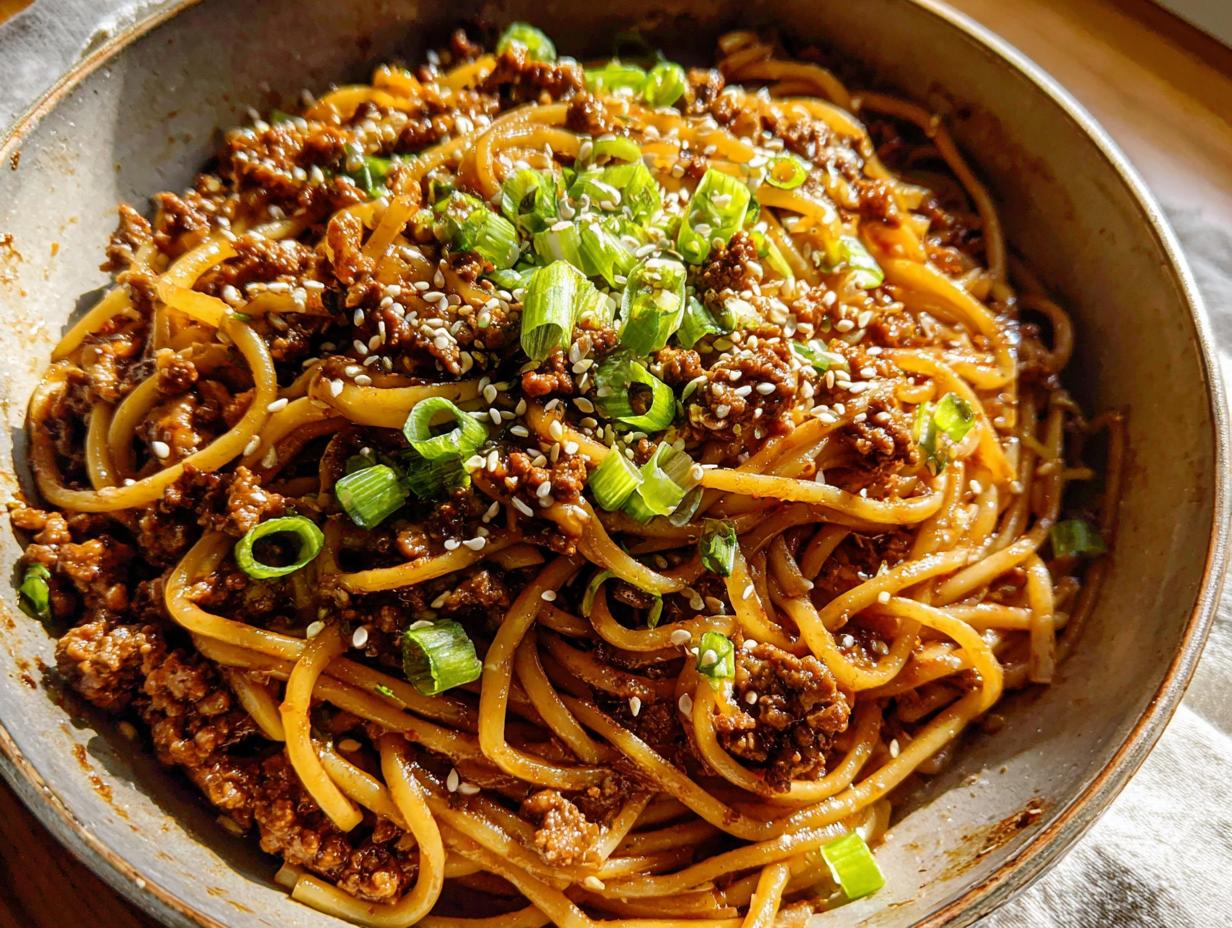 A close-up shot of a bowl filled with Mongolian Ground Beef Noodles, garnished with sesame seeds and chopped green onions.