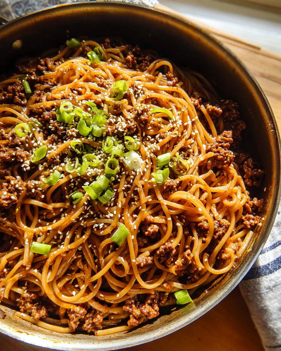 Close-up of Mongolian Ground Beef Noodles Recipe in a pan, garnished with sesame seeds and green onions.