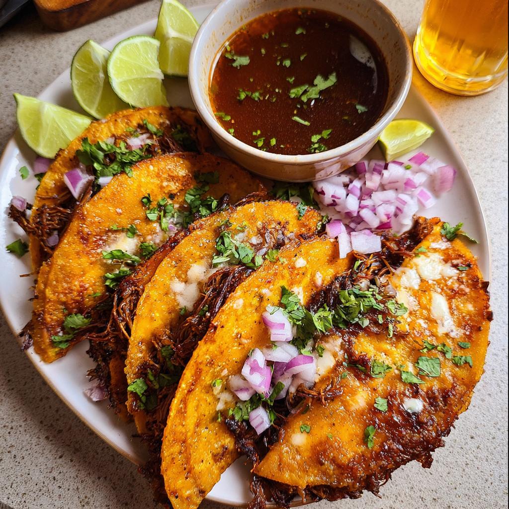 Plate of My Fave Birria Tacos with a side of consommé, lime wedges, and chopped red onion.