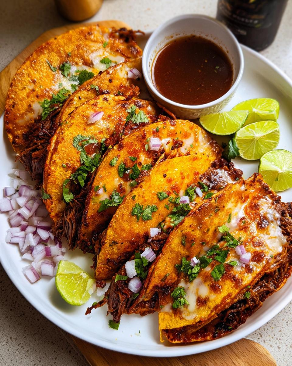 A plate of crispy My Fave Birria Tacos, topped with cheese and cilantro, served with lime wedges and a side of consommé.