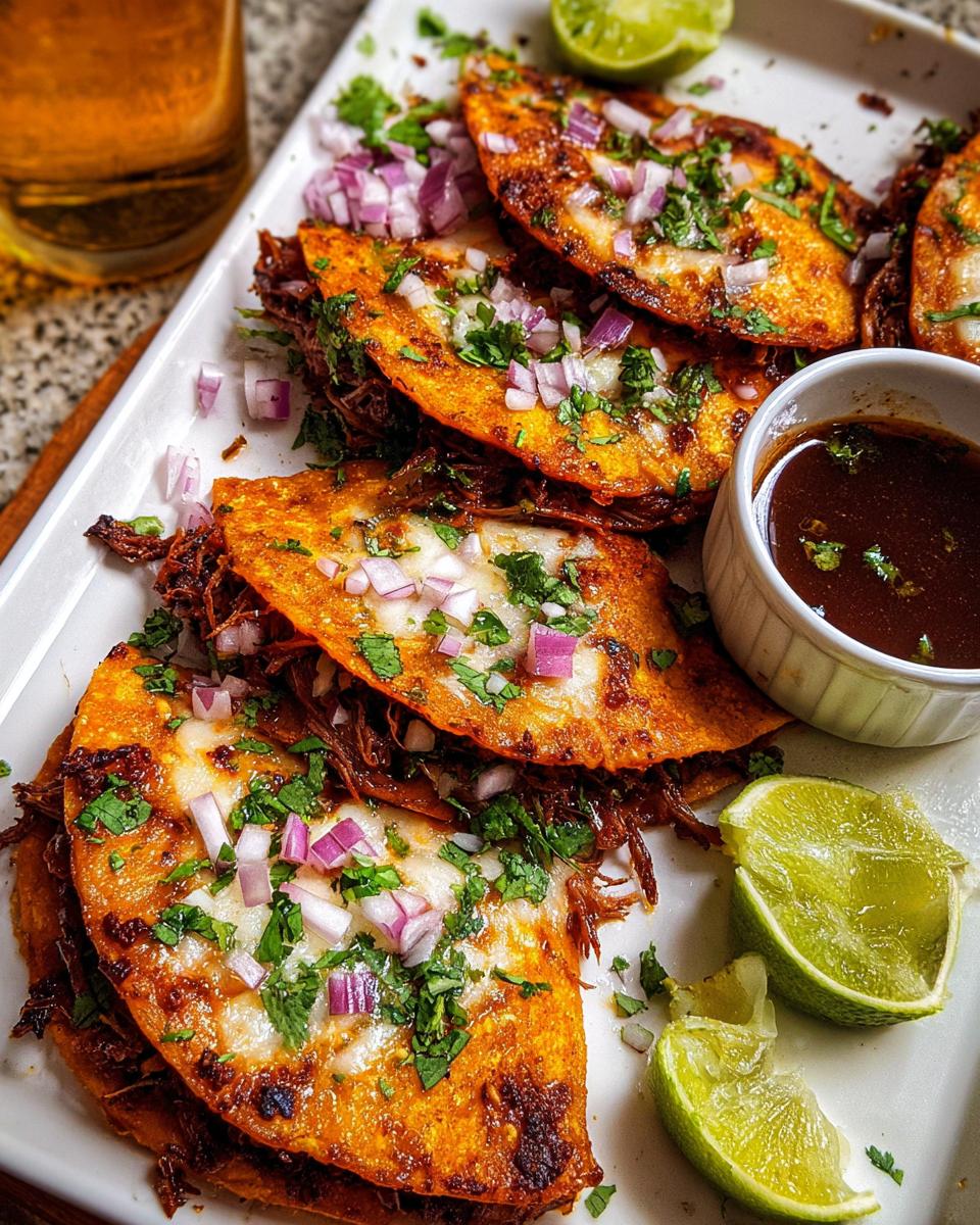 Close-up of My Fave Birria Tacos topped with cheese, red onion, and cilantro, served with consommé and lime wedges.