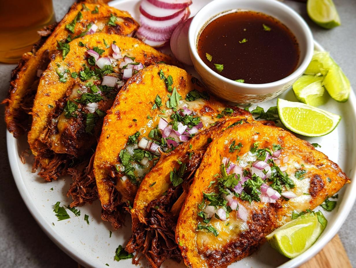Close-up of My Fave Birria Tacos, crispy and golden, topped with onions and cilantro, served with lime wedges and consommé.