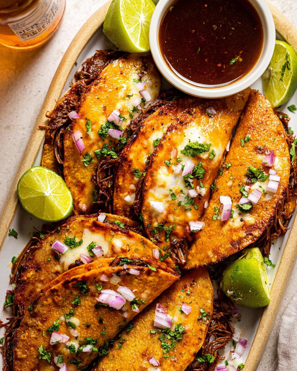 A platter of crispy My Fave Birria Tacos topped with cheese, red onion, and cilantro, served with lime wedges and consommé.