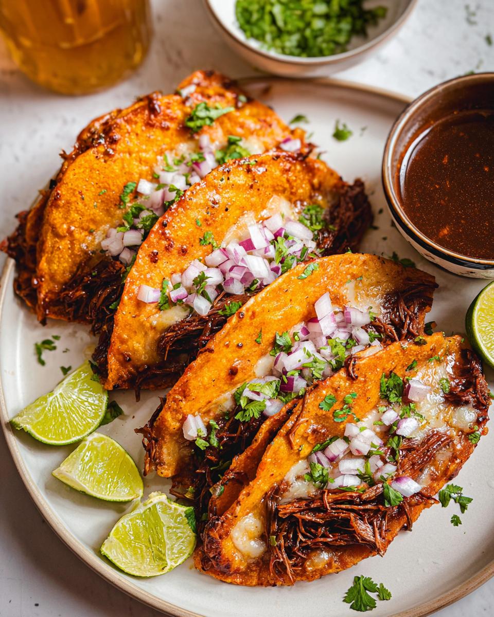 Close-up of My Fave Birria Tacos, topped with red onion and cilantro, served with lime wedges and consomé.
