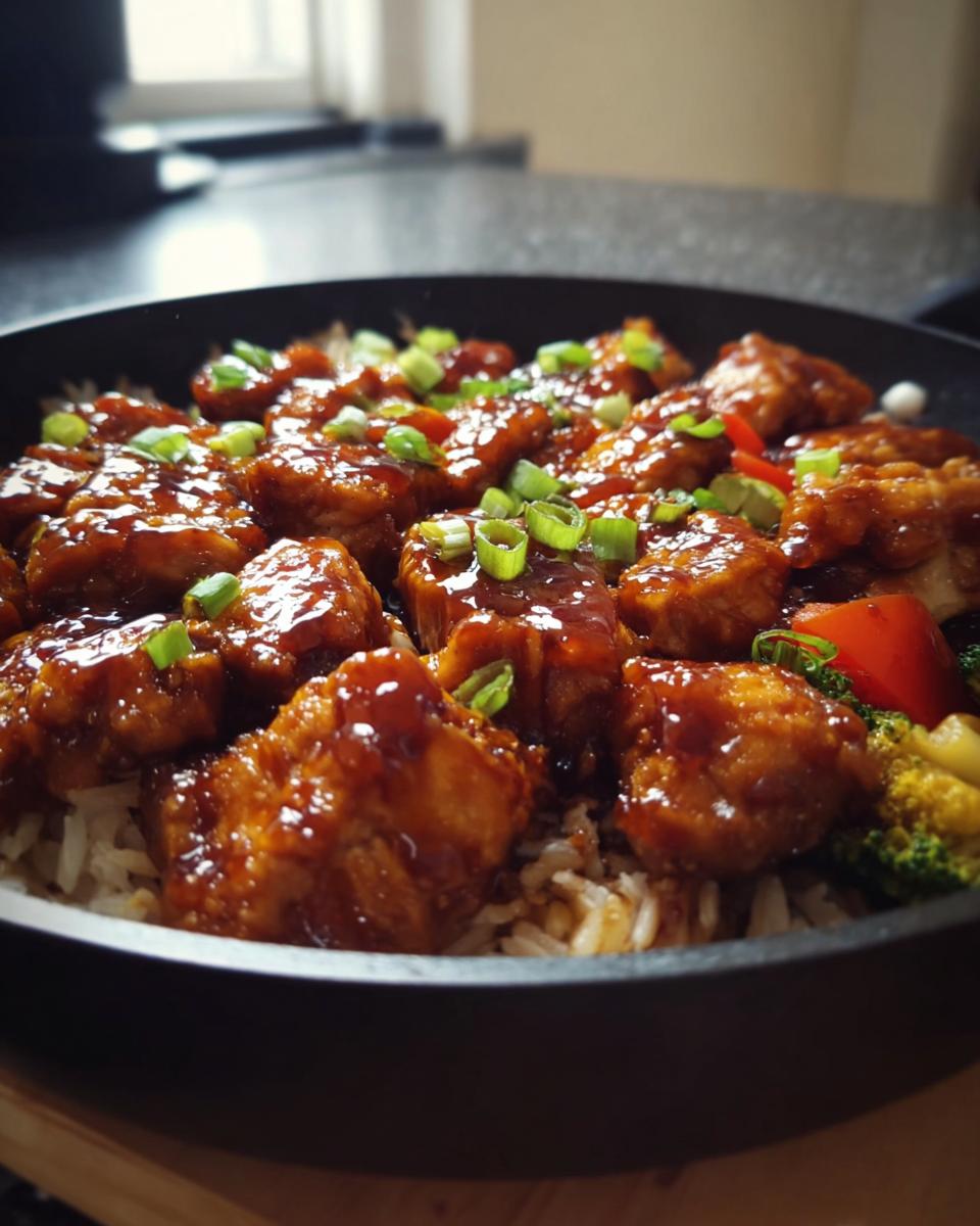 Close-up of delicious One-Pan Honey BBQ Chicken Rice in a skillet, topped with green onions.