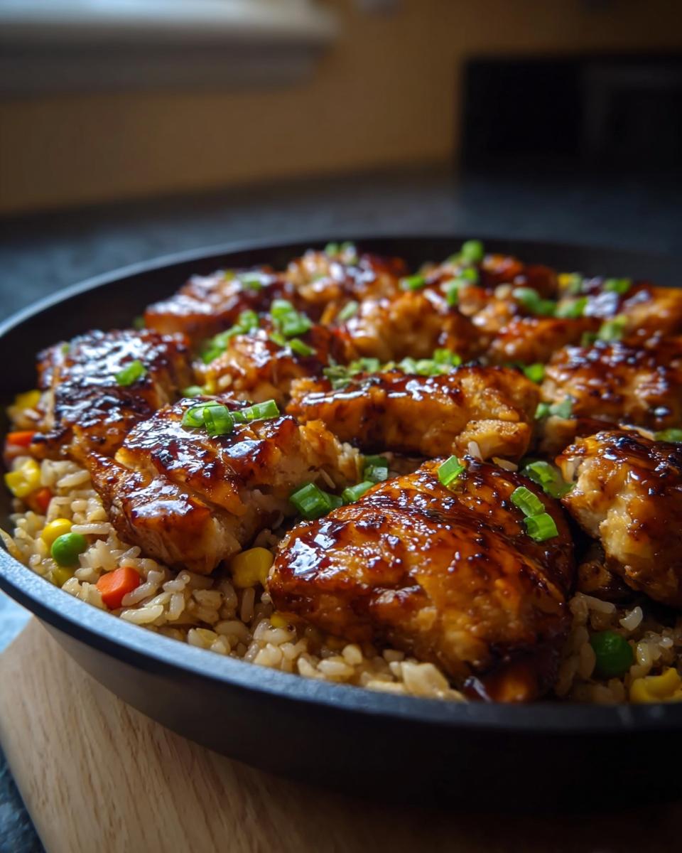 A close-up view of a one-pan honey BBQ chicken rice dish, featuring glazed chicken pieces over seasoned rice with mixed vegetables.
