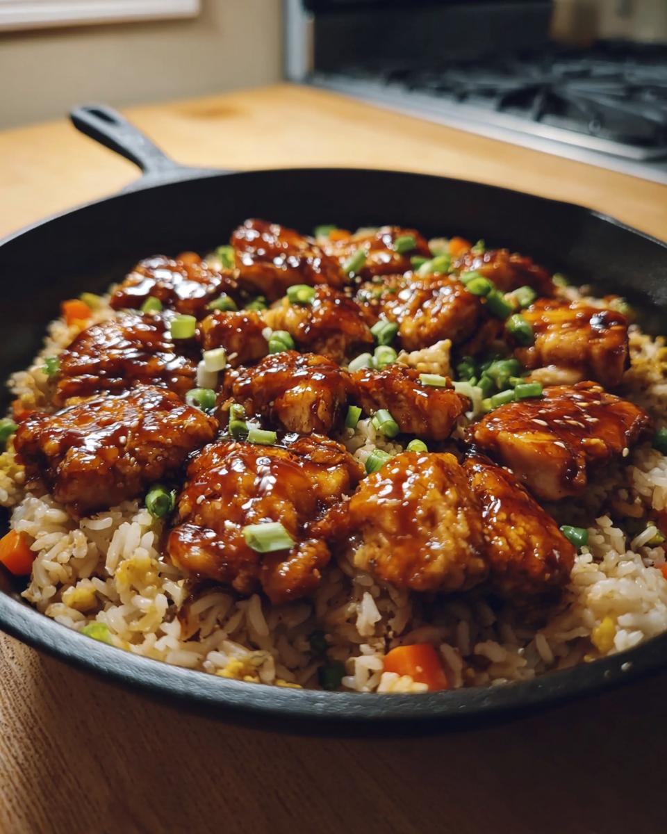A close-up of delicious One-Pan Honey BBQ Chicken Rice served in a cast-iron skillet, garnished with green onions.
