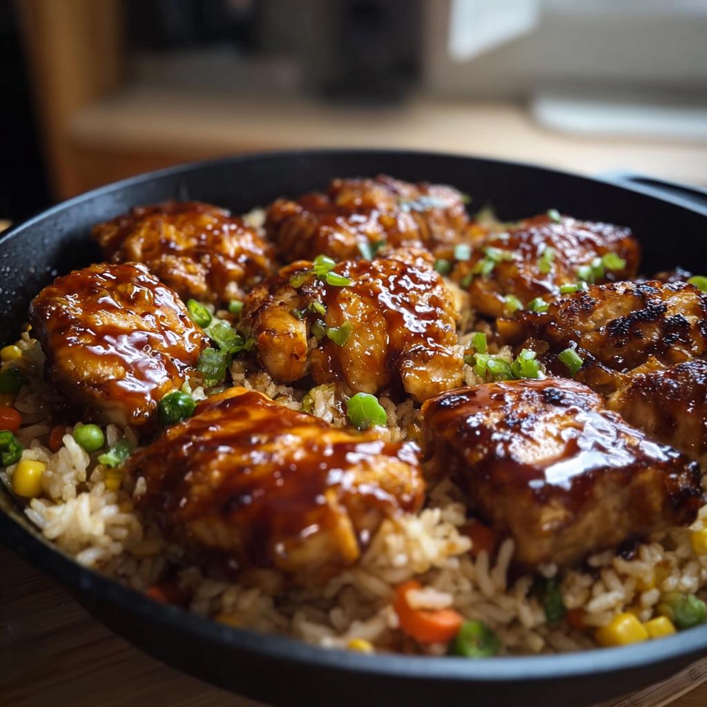 Close-up of One-Pan Honey BBQ Chicken Rice in a black skillet, topped with chopped green onions.