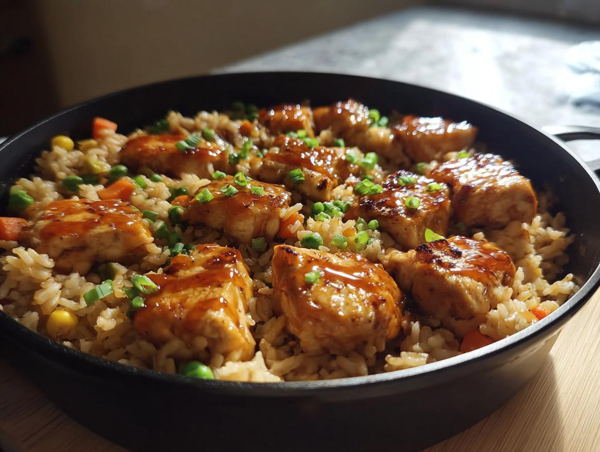 A close-up of One-Pan Honey BBQ Chicken Rice in a black skillet, topped with chopped green onions.