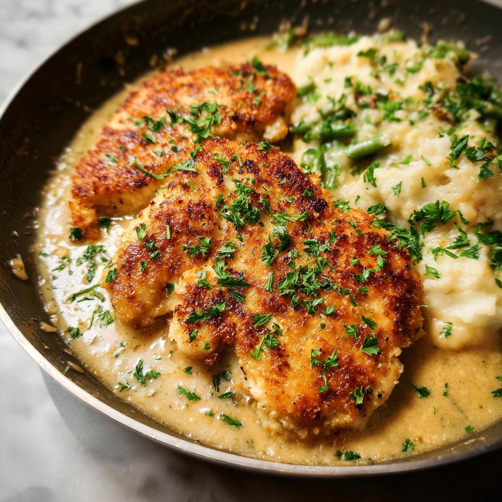 Golden brown Parmesan crusted chicken served in a creamy garlic sauce with mashed potatoes and green beans.