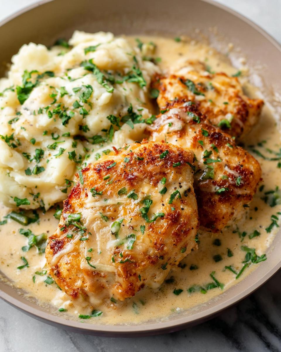 Three pieces of golden-brown Parmesan Crusted Chicken with Creamy Garlic Sauce served with mashed potatoes and garnished with parsley.