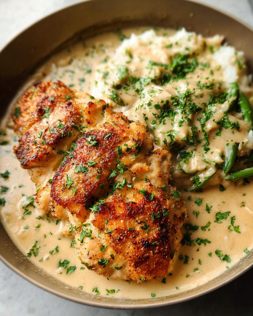 Close-up of golden brown Parmesan Crusted Chicken served with creamy garlic sauce and mashed potatoes.