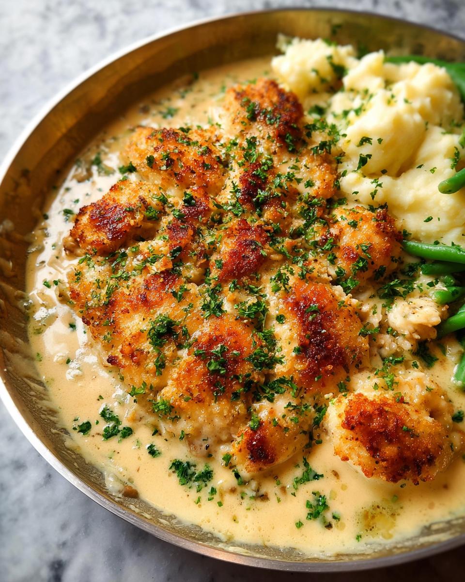 A close-up of Parmesan Crusted Chicken with Creamy Garlic Sauce, served with mashed potatoes and green beans.