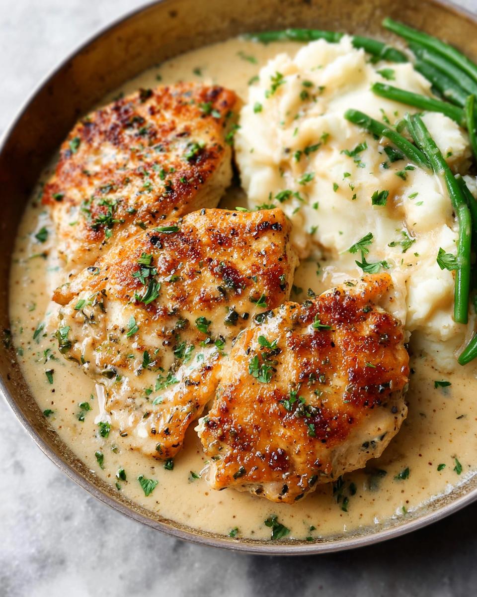 Three pieces of golden Parmesan Crusted Chicken served with mashed potatoes and green beans in a creamy garlic sauce.
