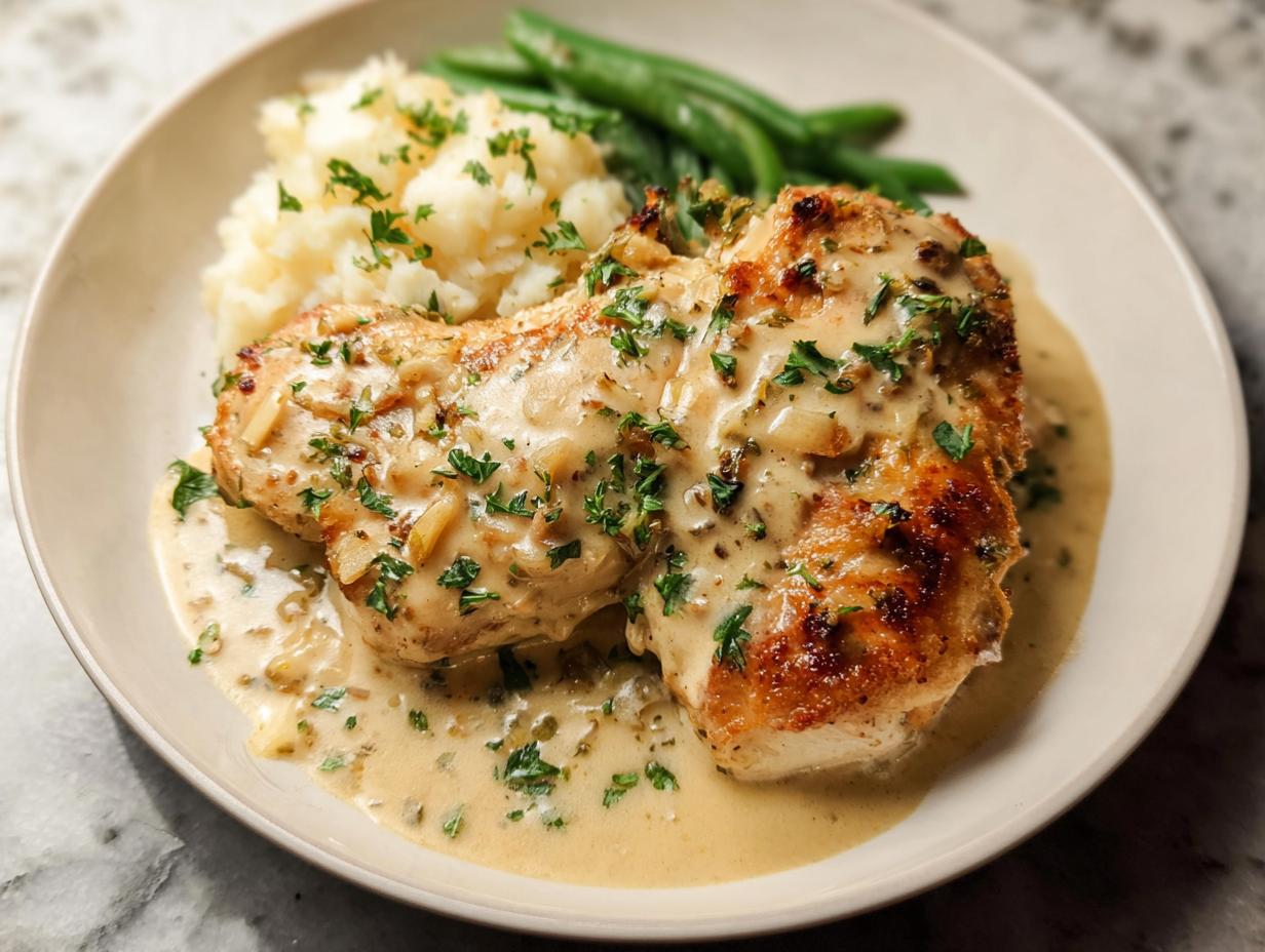 Parmesan Crusted Chicken with Creamy Garlic Sauce served with mashed potatoes and green beans.