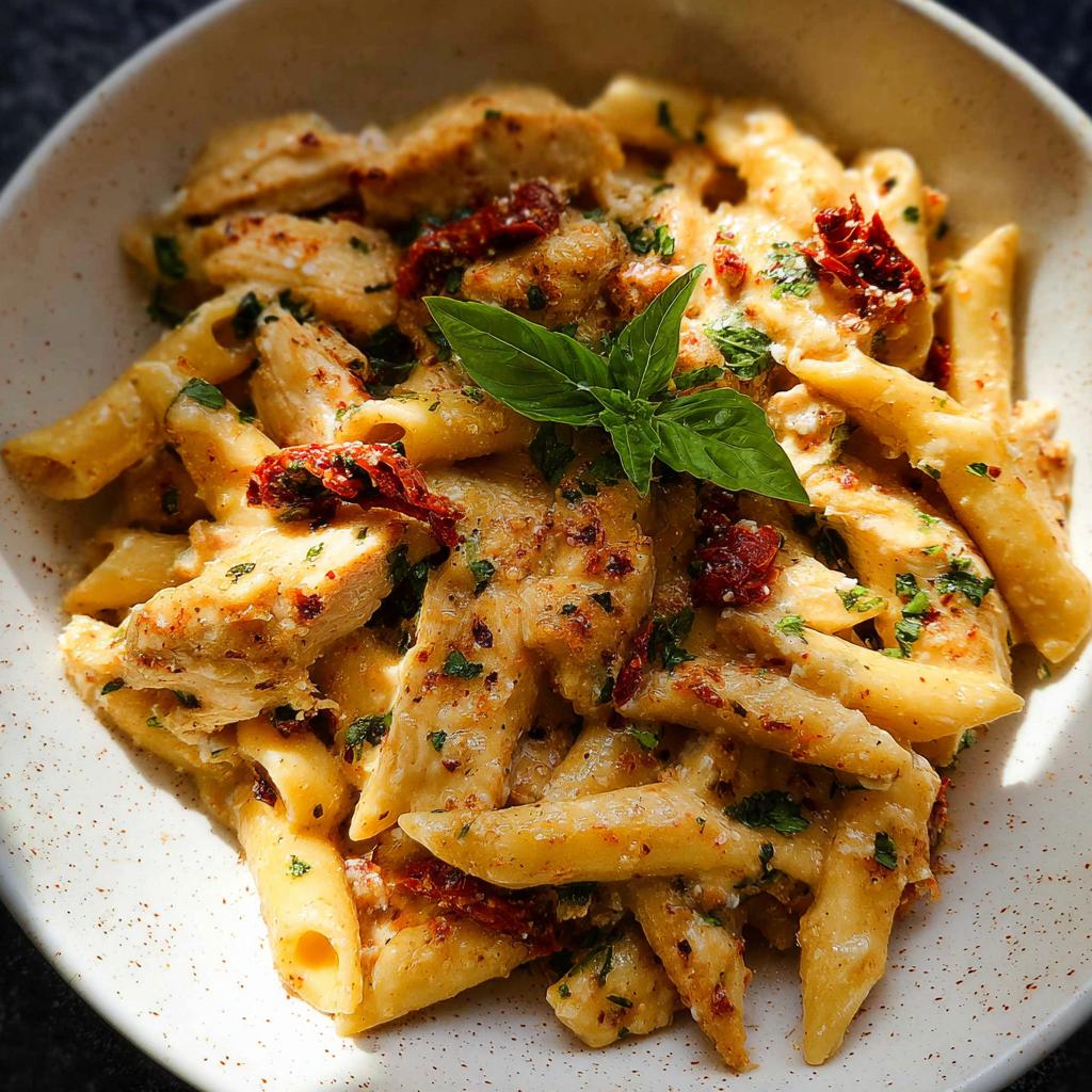 A close-up of creamy Parmesan Marry Me Chicken Pasta with penne, chicken pieces, sun-dried tomatoes, and basil.