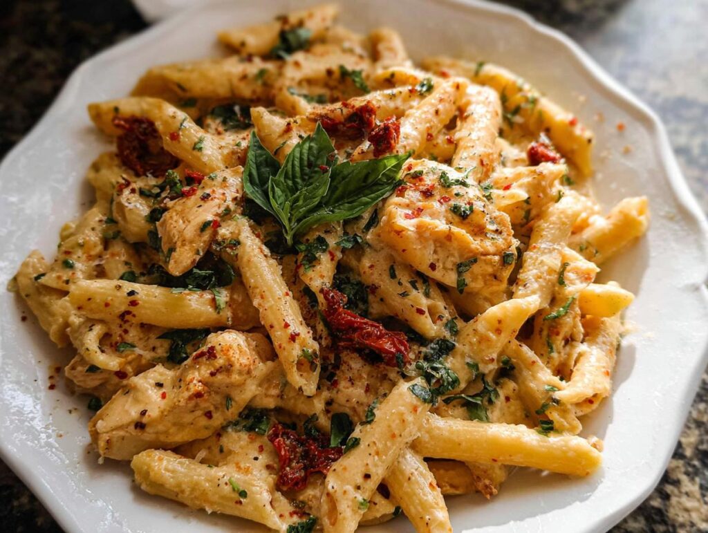 A close-up of creamy Parmesan Marry Me Chicken Pasta with penne, chicken pieces, sun-dried tomatoes, and fresh basil.