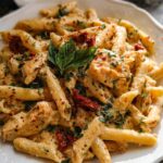 A close-up of creamy Parmesan Marry Me Chicken Pasta with penne, chicken pieces, sun-dried tomatoes, and fresh basil.