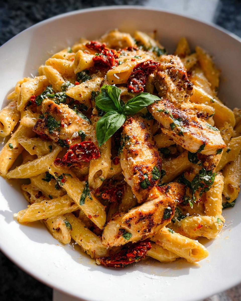 A bowl of creamy Parmesan Marry Me Chicken Pasta with grilled chicken, sun-dried tomatoes, and fresh basil.