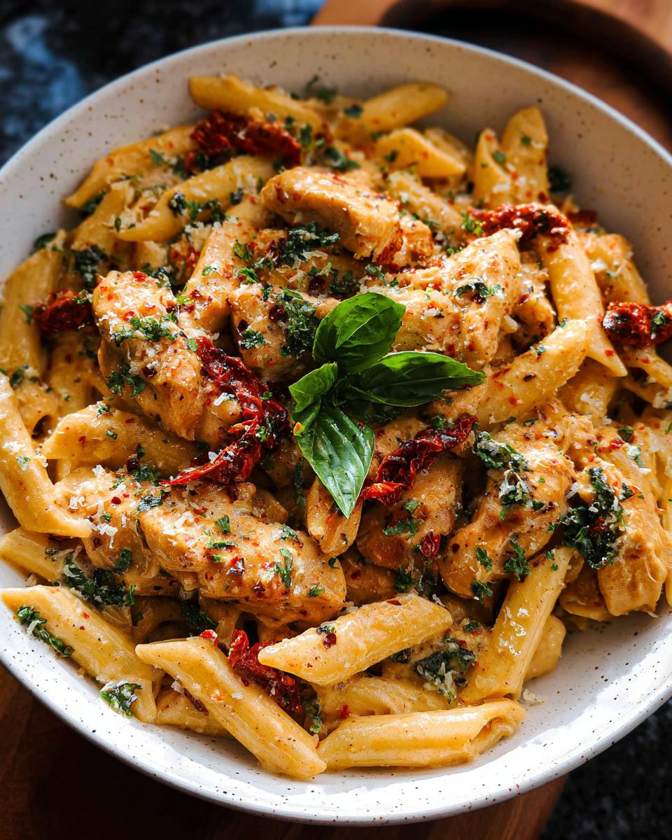 A close-up of creamy Parmesan Marry Me Chicken Pasta, topped with sun-dried tomatoes, fresh basil, and parsley.