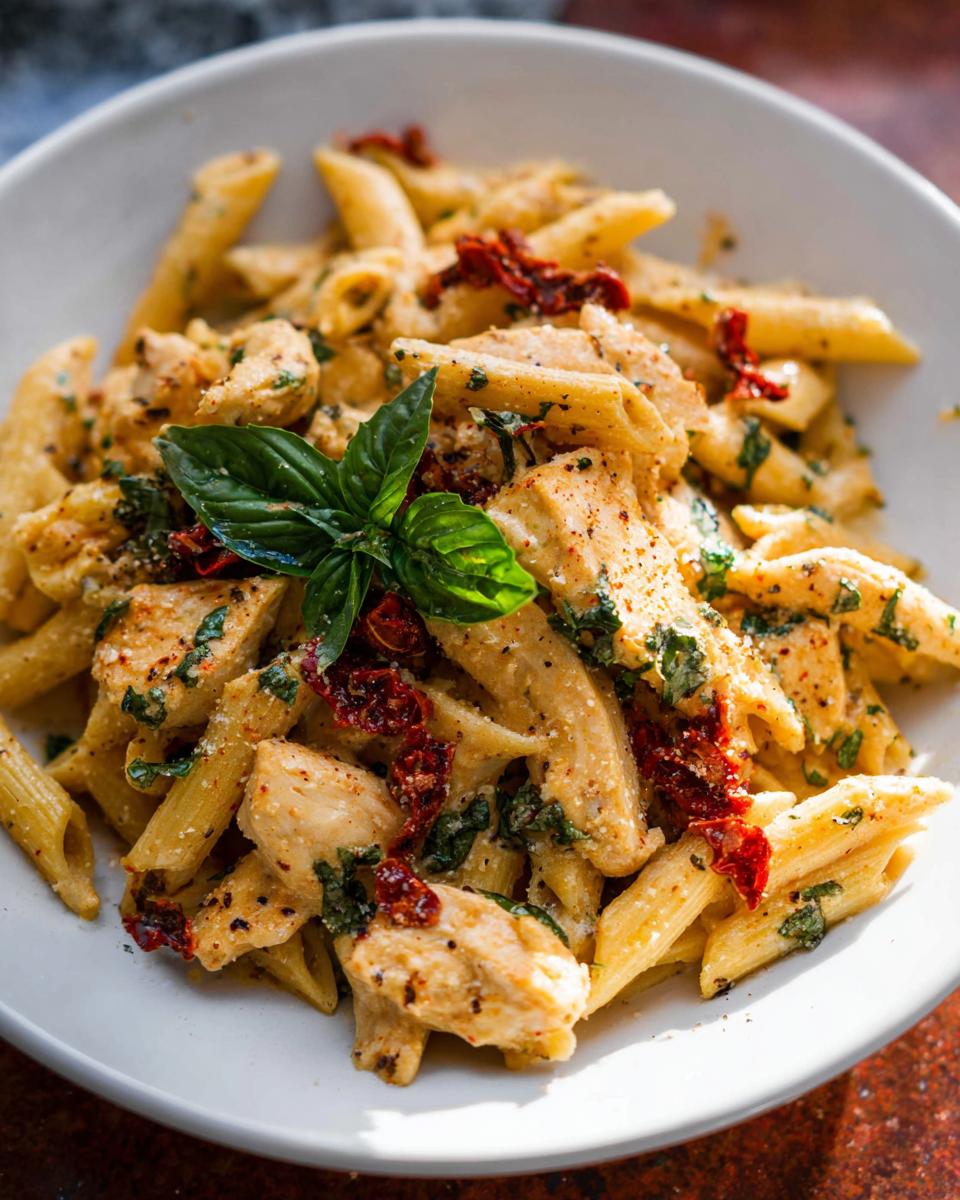 A close-up of creamy Parmesan Marry Me Chicken Pasta, featuring penne, tender chicken, sun-dried tomatoes, and fresh basil.