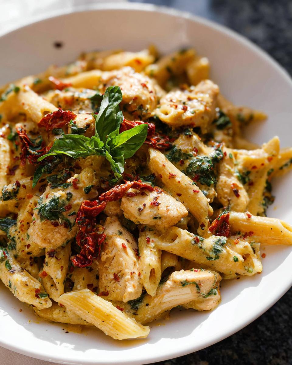 A close-up of creamy Parmesan Marry Me Chicken Pasta, featuring penne pasta, chicken pieces, spinach, and sun-dried tomatoes, garnished with basil.