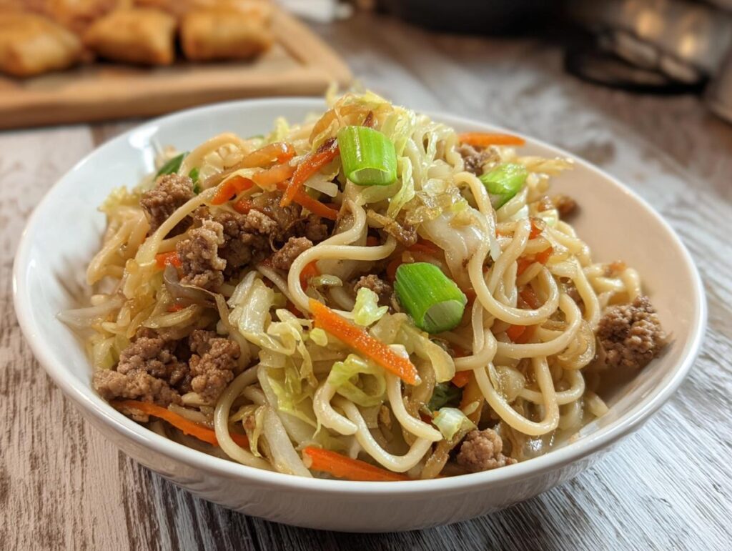 A close-up of a white bowl filled with Potsticker Noodle Bowl with Pork & Cabbage Slaw, featuring noodles, ground pork, cabbage, and carrots.