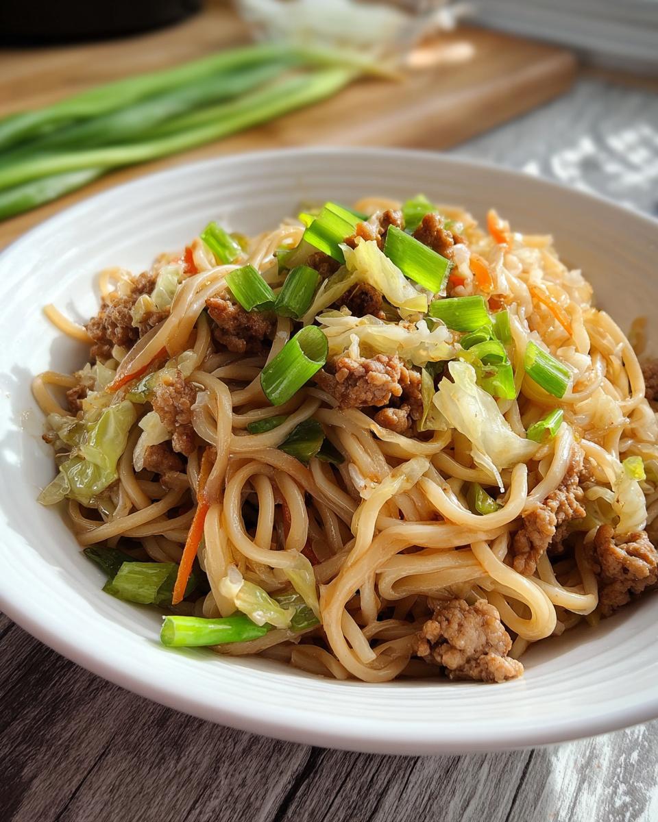 A close-up of a white bowl filled with Potsticker Noodle Bowl with Pork & Cabbage Slaw, garnished with green onions.
