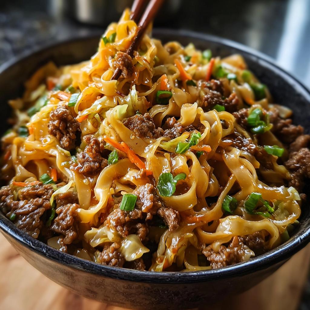 A close-up of a bowl filled with Potsticker Noodle Bowl with Pork & Cabbage Slaw, being lifted with chopsticks.