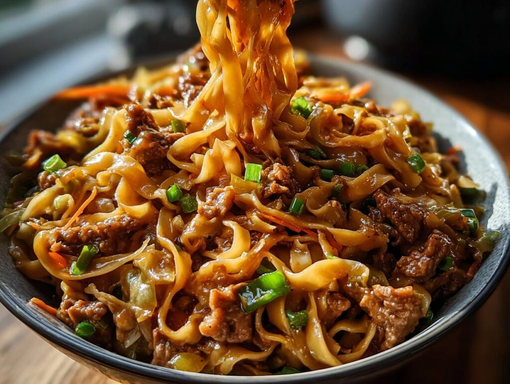 A close-up of a steaming Potsticker Noodle Bowl with Pork & Cabbage Slaw, showing noodles, pork, and vegetables.