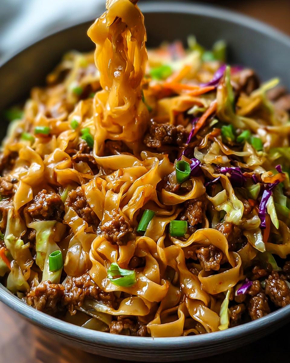A close-up of a delicious Potsticker Noodle Bowl with Pork & Cabbage Slaw, featuring wide noodles, ground pork, and colorful slaw.