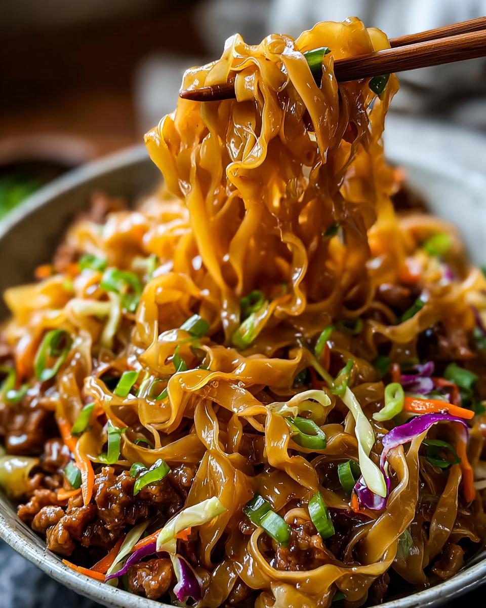 Close-up of chopsticks lifting glossy noodles from a bowl of Potsticker Noodle Bowl with Pork & Cabbage Slaw.