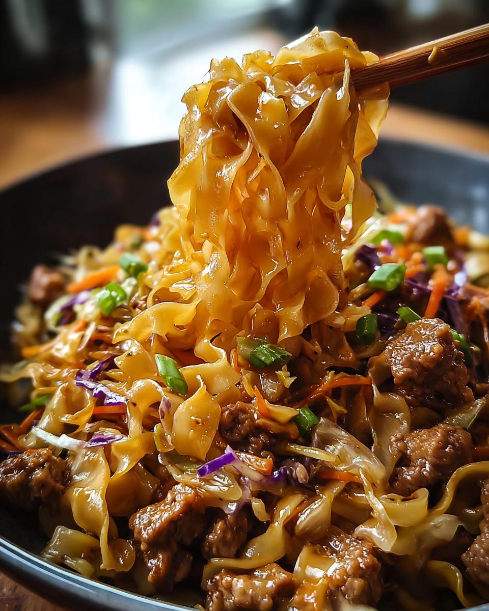 Close-up of a fork lifting noodles from a Potsticker Noodle Bowl with Pork & Cabbage Slaw.