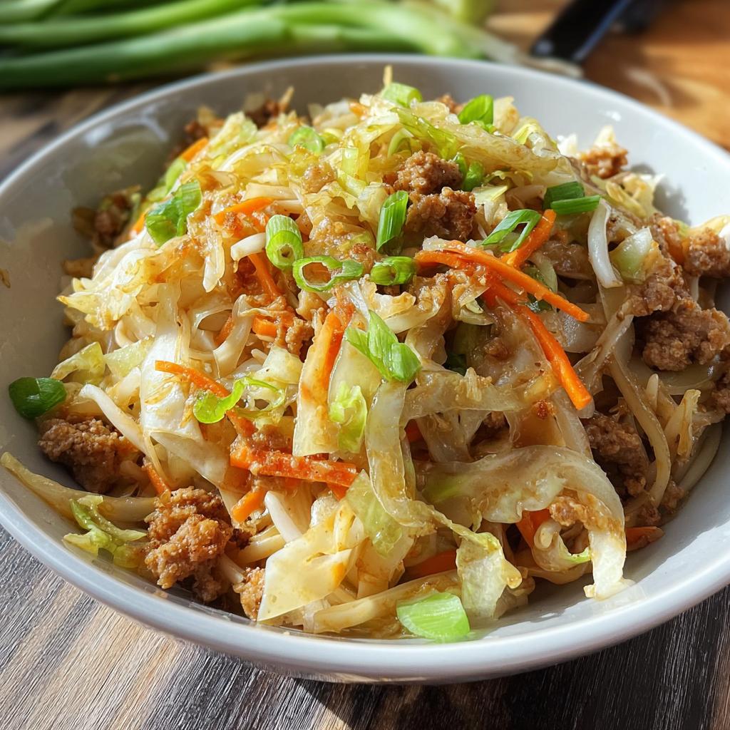 A close-up of a delicious Potsticker Noodle Bowl with Pork & Cabbage Slaw, featuring noodles, ground pork, shredded cabbage, carrots, and green onions.