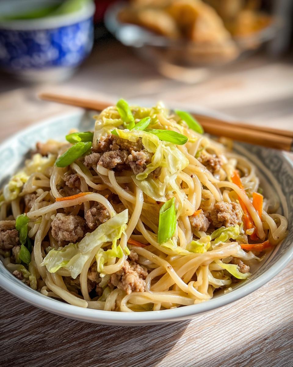 A close-up of a Potsticker Noodle Bowl with Pork & Cabbage Slaw, featuring noodles, ground pork, cabbage, and green onions.