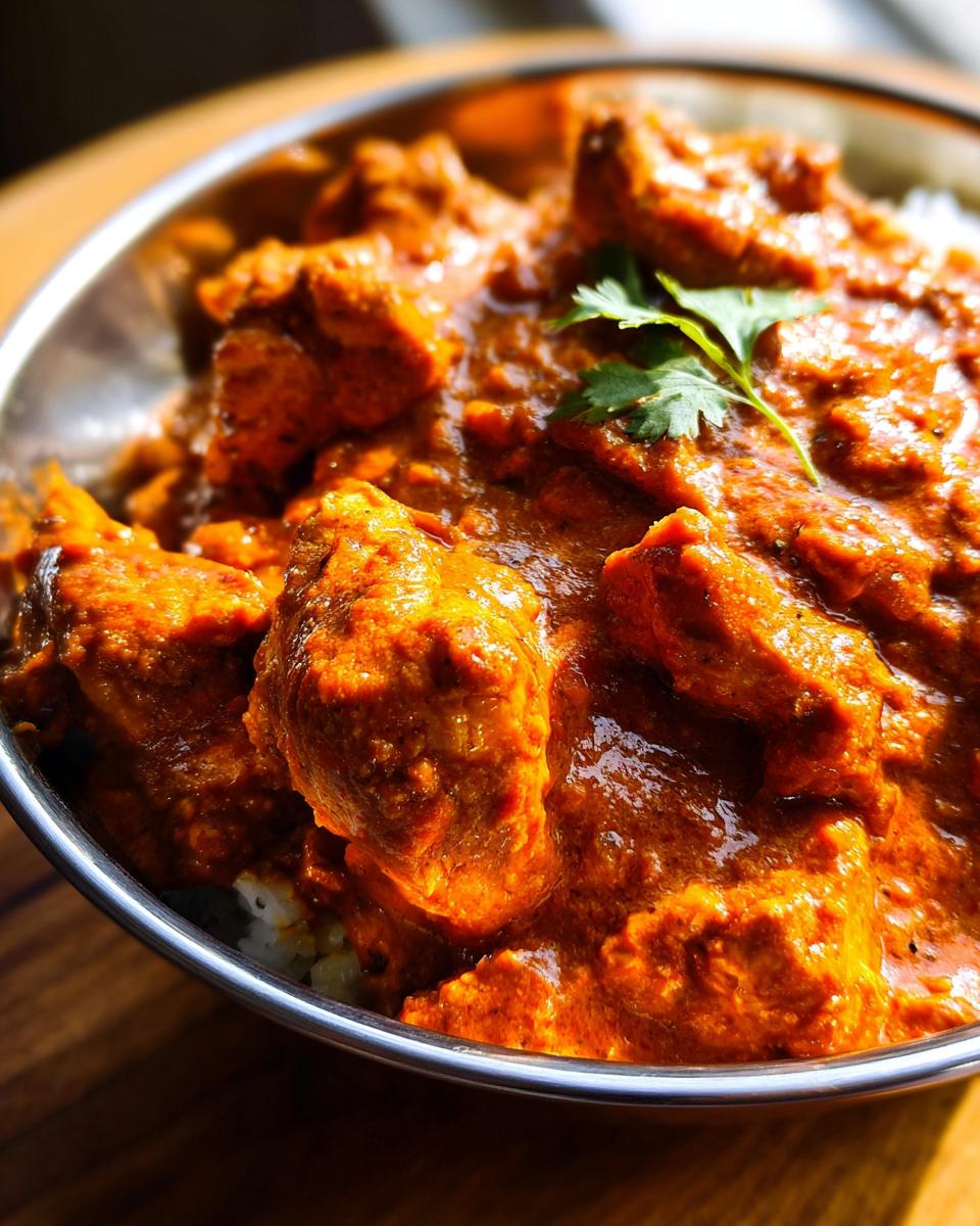 Close-up of tender chicken pieces in a rich, creamy orange sauce, served over white rice in a metal bowl. Garnished with cilantro.