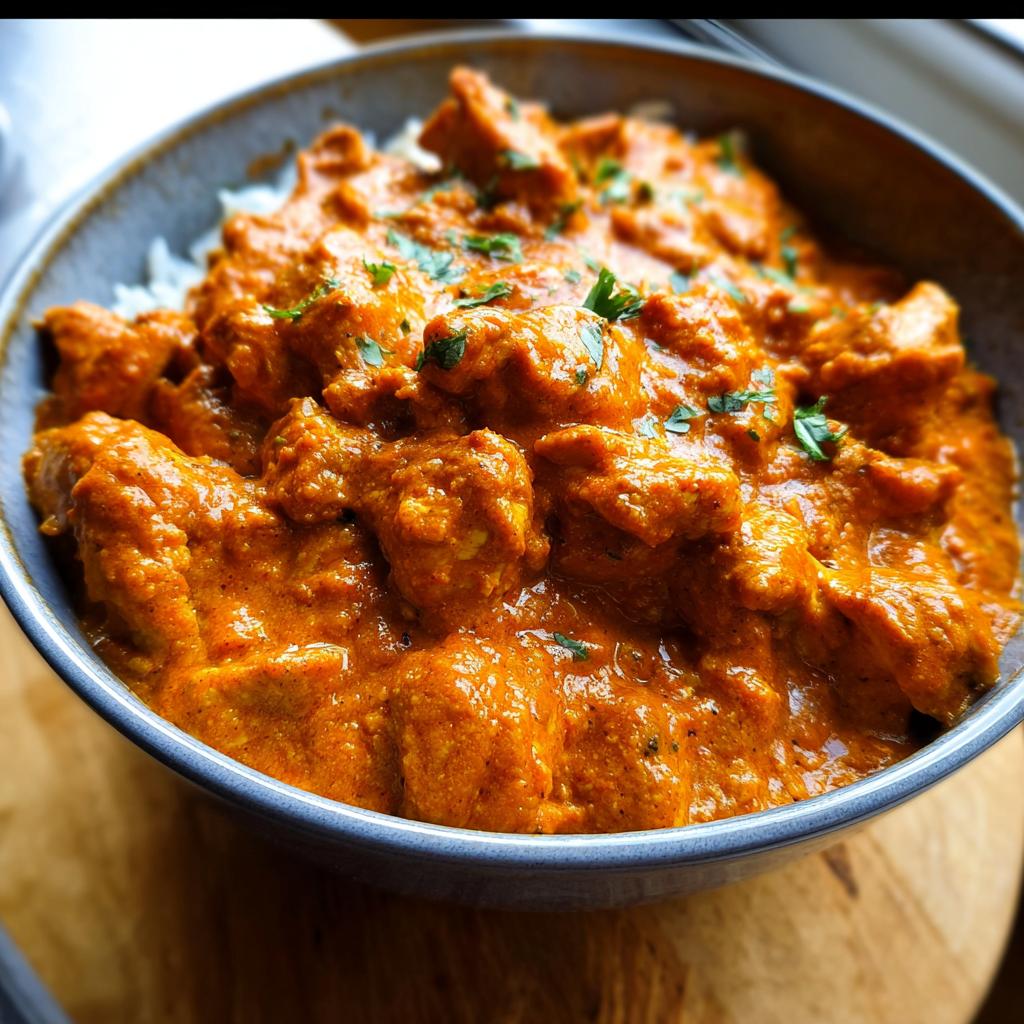 A close-up of a bowl filled with Quick & Easy Homemade Butter Chicken served over white rice, garnished with fresh herbs.