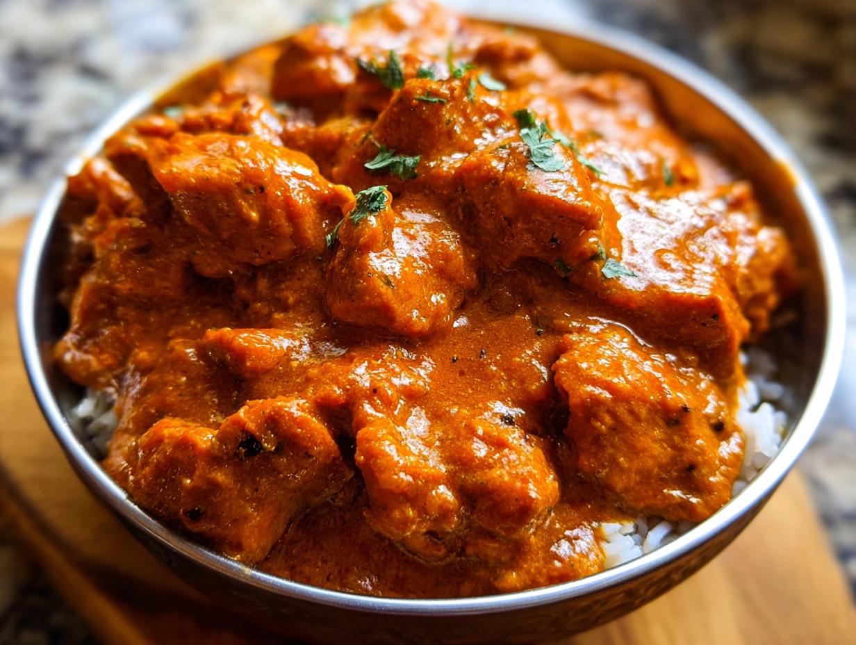 A close-up of a bowl filled with fluffy white rice and topped with rich, creamy Quick & Easy Homemade Butter Chicken, garnished with fresh herbs.