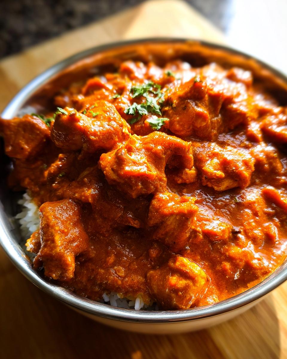 A close-up of a bowl filled with fluffy white rice topped with tender pieces of Quick & Easy Homemade Butter Chicken in a rich, creamy sauce.