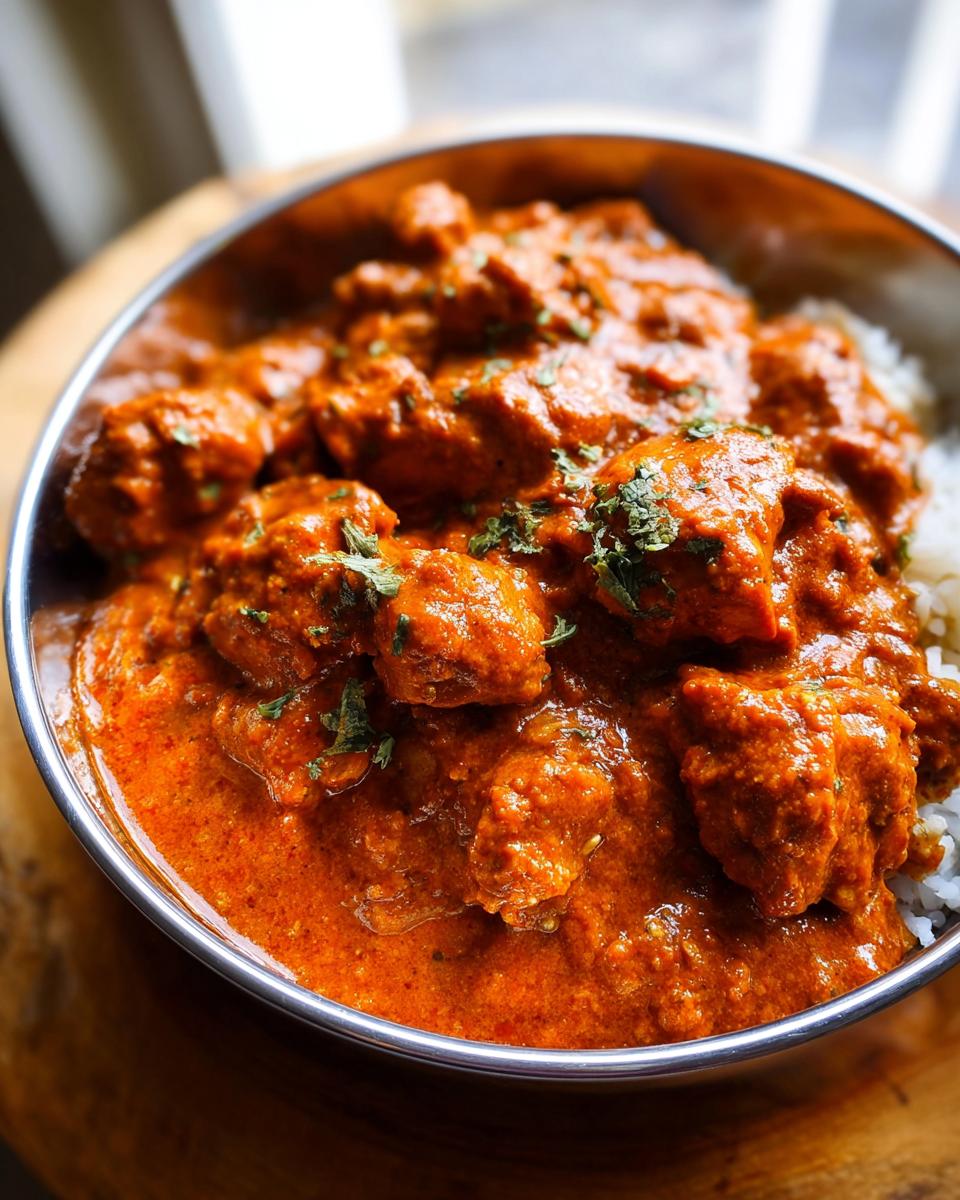 A close-up of Quick & Easy Homemade Butter Chicken served over white rice in a metal bowl, garnished with fresh herbs.