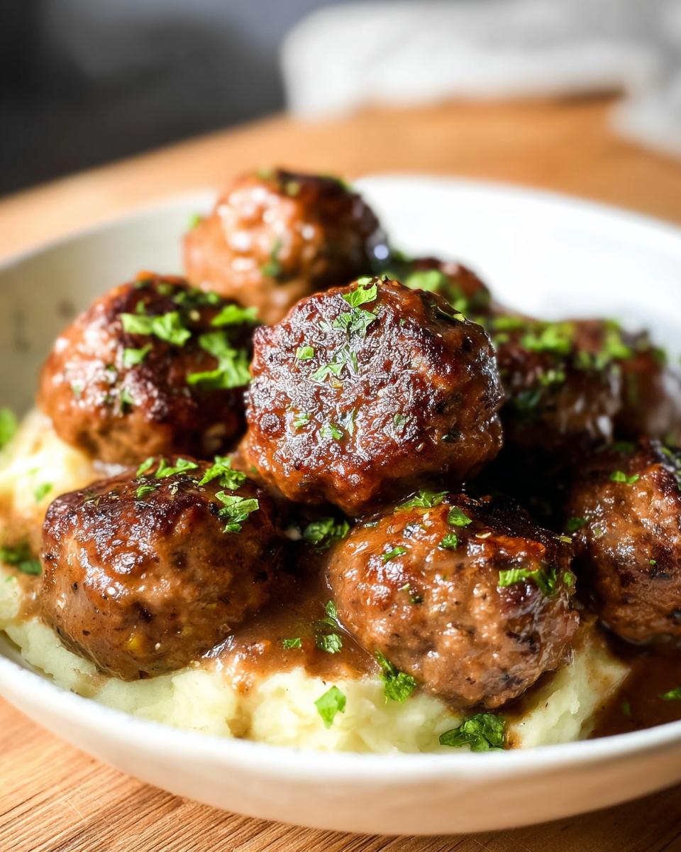 Close-up of Salisbury Steak Meatballs smothered in gravy, served over creamy Garlic Herb Mashed Potatoes and garnished with parsley.