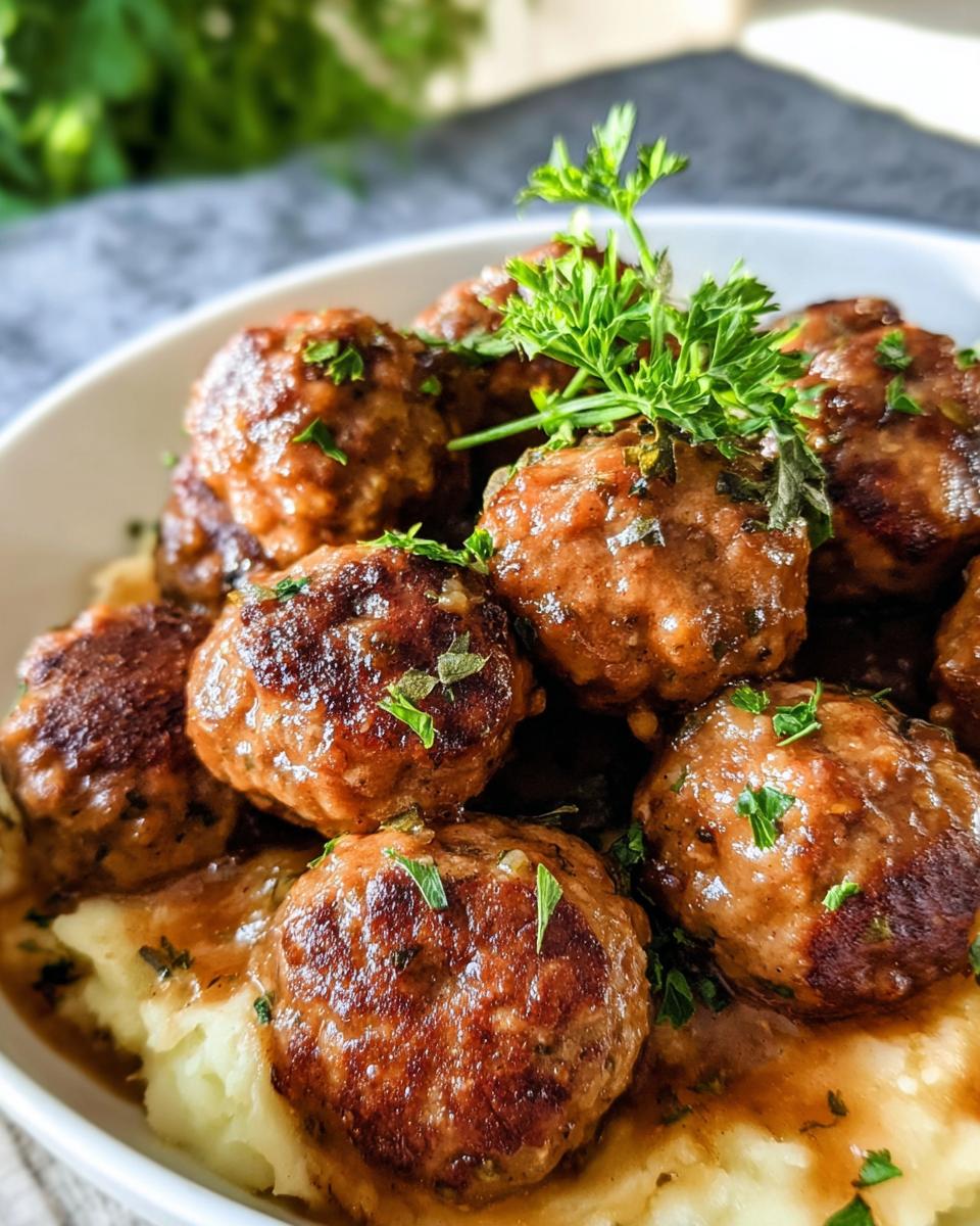 A close-up of Salisbury Steak Meatballs served over creamy Garlic Herb Mashed Potatoes, garnished with fresh parsley.