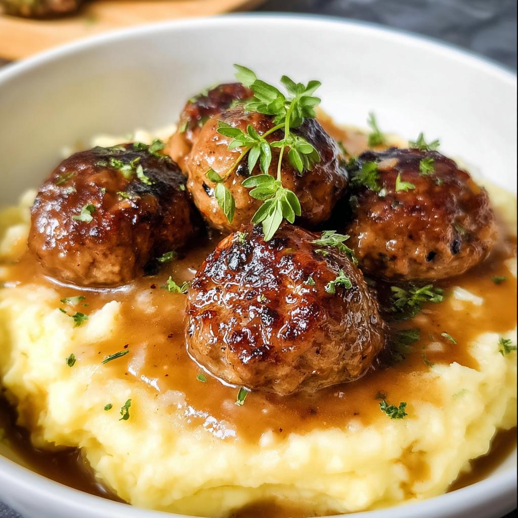 Close-up of Salisbury Steak Meatballs served over creamy Garlic Herb Mashed Potatoes, garnished with fresh herbs.