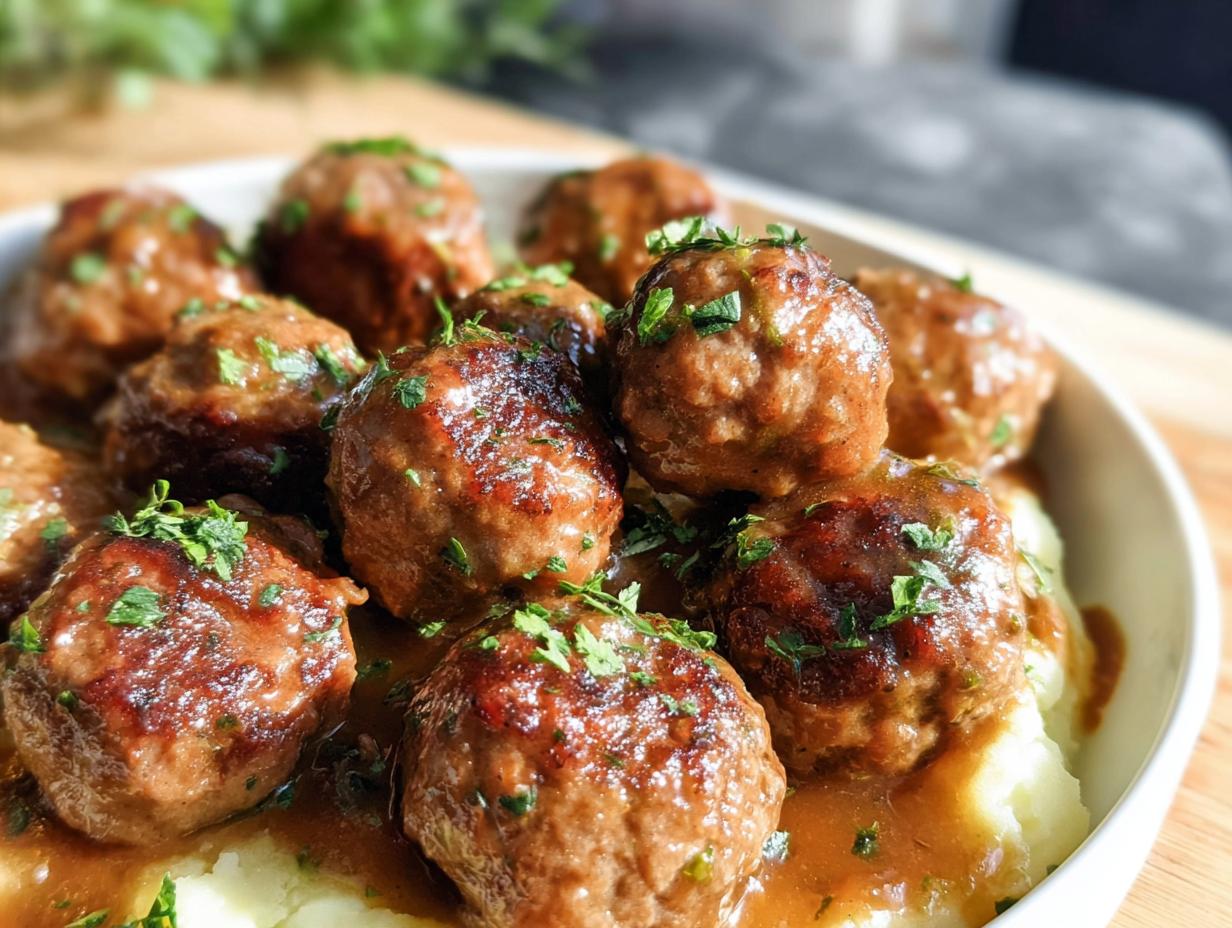 Close-up of Salisbury steak meatballs smothered in gravy, served over fluffy garlic herb mashed potatoes and garnished with parsley.