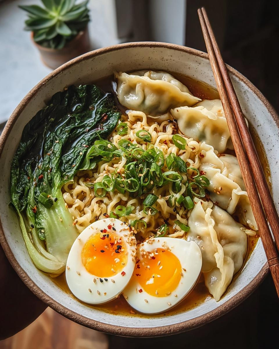 A close-up of a Savory Dumpling Ramen Bowl with soft-boiled eggs, bok choy, and green onions.