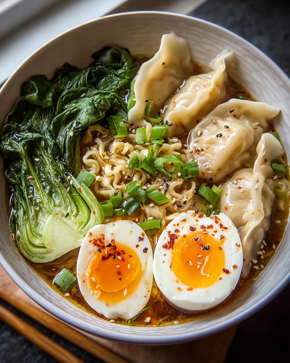 A close-up of a Savory Dumpling Ramen Bowl with soft-boiled eggs, bok choy, noodles, and green onions.