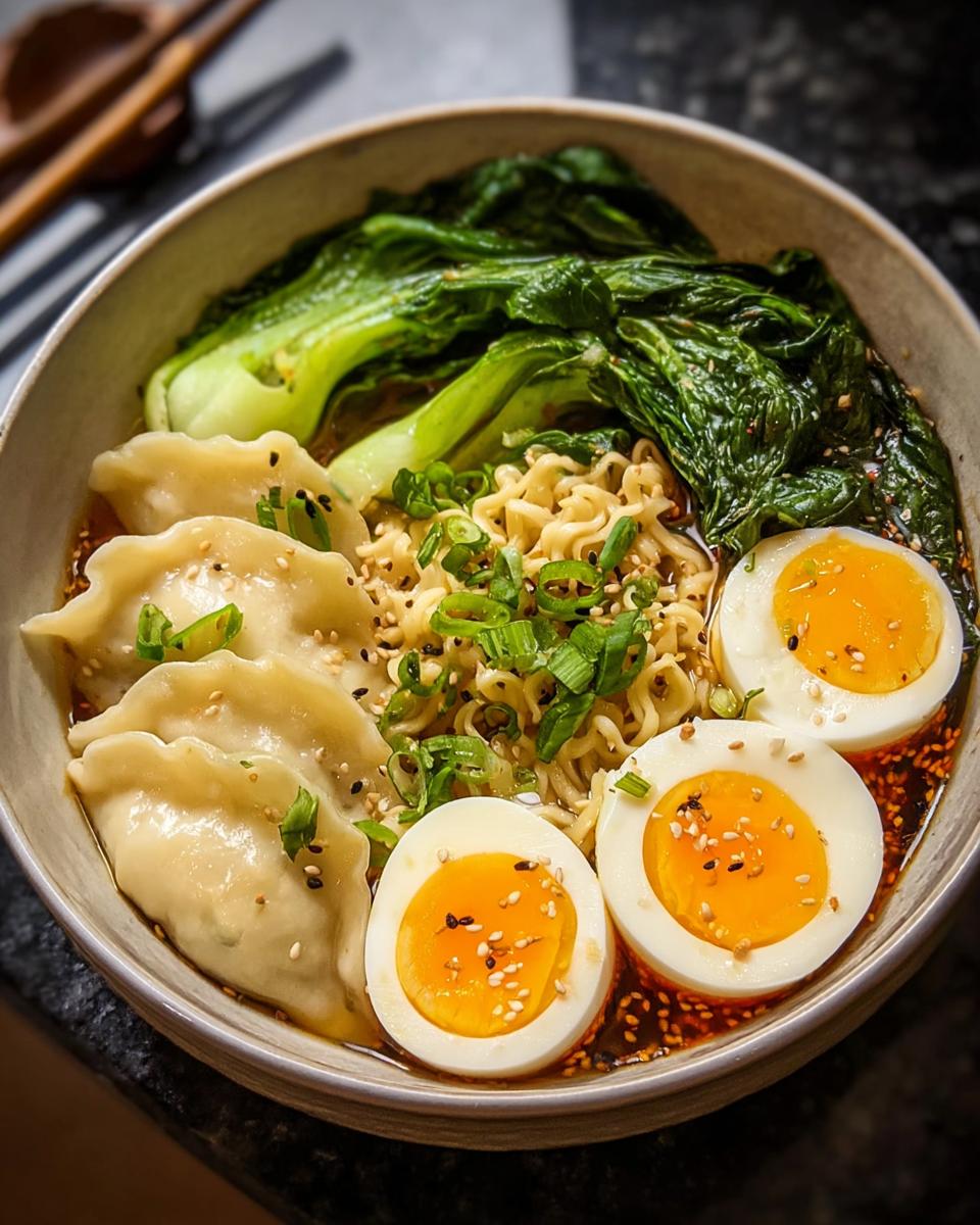 A delicious Savory Dumpling Ramen Bowl with soft-boiled eggs, bok choy, and noodles, garnished with sesame seeds and scallions.